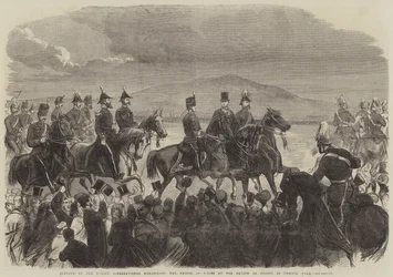 Opening van de Dublin Internationale Tentoonstelling, de Prins van Wales bij de Troepenparade in Phoenix Park (gravure)