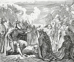 Ottokar II van Bohemen brengt hulde aan Rudolf I, koning van Duitsland in 1276
