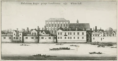 Paleis van Whitehall vanaf de rivier de Theems, Westminster, Londen, VK (ets)