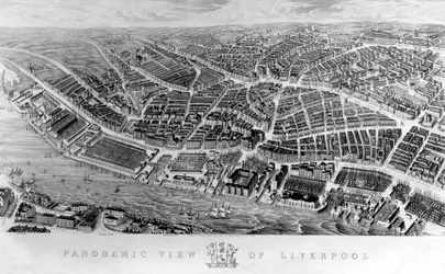Panoramisch uitzicht op Liverpool, naar een aquarel door Ackerman, 1847