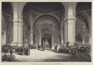 Parijs tentoonstelling, ingang van de kunstgalerij, Champ de Mars (gravure)