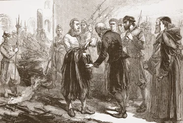 Afscheid van Patrick Hamilton van zijn vrienden bij de brandstapel, illustratie uit De Geschiedenis van het Protestantisme door James Aitken Wylie, 1878