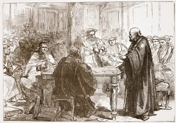 Pastoor Olaf op de Conferentie van Uppsala, illustratie uit De Geschiedenis van het Protestantisme door James Aitken Wylie, gepubliceerd in 1878