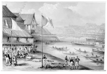 Pax Britannica arriveert in een dorp in Borneo, frontispice van Volume 2 Narrative of Events in Borneo and Celebes, Down to the Occupation of Labuan door Rodney Mundy, 1848