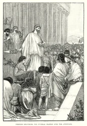 Pericles spreekt de begrafenisrede uit over de Atheners (gravure)