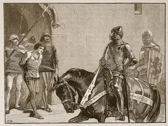 Piers Gaveston voor de graaf van Warwick, illustratie uit Cassells Geïllustreerde Geschiedenis van Engeland