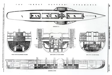Plan en doorsneden van het stoomschip Great Eastern, 1857