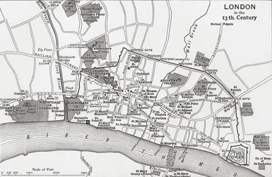 Plattegrond van Londen in de 13e eeuw, uit „A Short History of the English People” van J. R. Green, gepubliceerd in 1893