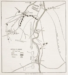 Plan van de Slag bij Assaye, illustratie uit Cassells Geïllustreerde Geschiedenis van India door James Grant, uitgegeven 1879