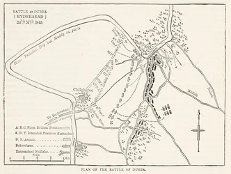 Plan van de Slag bij Dubba (Hyderabad) 24 maart 1843, illustratie uit Cassells Geïllustreerde Geschiedenis van Engeland