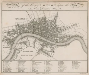 Plan van de stad Londen voor de brand van 1666