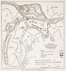 Plan van de aanval op Seringapatam, illustratie uit Cassells Geïllustreerde Geschiedenis van India door James Grant, uitgegeven 1879