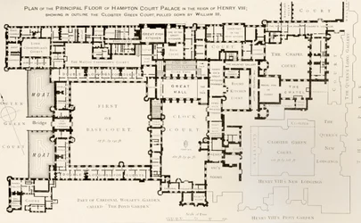 Plattegrond van de hoofdverdieping van Hampton Court Palace zoals het was tijdens het bewind van koning Hendrik VIII, uit Geschiedenis van Hampton Court Palace in Tudor-tijden door Ernest Law, gepubliceerd in Londen 1885