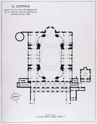 Plan om de oriëntatie van de narthex en beschreven mozaïekeenheden te tonen, uit De mozaïeken van Haghia Sophia in Istanbul door Thomas Whittemore