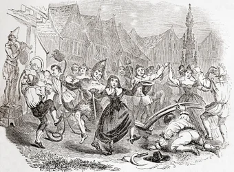 Plough Monday vieringen, de dans van Bessie en de Clown, uit Old England: A Pictorial Museum, pub. 1847