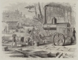 Draagbare stoomcirkelzaag (gravure)