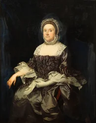 Portret van Deborah Worsley van Platt, zittend driekwart lengte, in een mauve jurk met witte kanten kraag en manchetten, met een paar handschoenen, ca. 1760