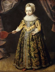 Portret van een jongen van 3 jaar, staand ten voeten uit, in een met goud geborduurde groene jurk, een kanten muts en molensteenkraag, met een slagplank en shuttlecock, 1605