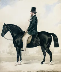 Portret van een heer met hoge hoed, zittend op een zwarte jachthond