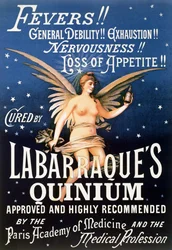 Poster die Labarraques Quinium adverteert, medicijn met kinine voor koorts, algemene zwakte, uitputting, nervositeit, verlies van eetlust, 1889
