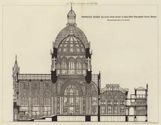 Premiated Ontwerp, Sectie van Voor naar Achter Nieuw Parlementsgebouw Berlijn (gravure)