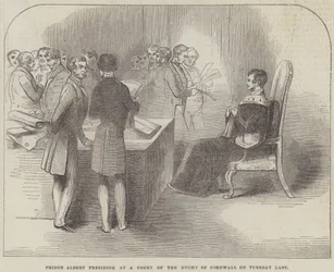 Prins Albert die een Hof van het Hertogdom van Cornwall voorzit afgelopen dinsdag (gravure)