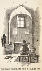 Gevangene aan het werk schoenen maken in aparte cel, illustratie uit The Criminal Prisons of London and Scenes from Prison Life door Henry Mayhew en John Binny, uitgegeven in 1862