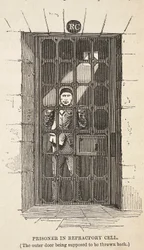Gevangene in Refractory cel (de buitendeur wordt verondersteld open te staan), illustratie uit The Criminal Prisons of London and Scenes from Prison Life door Henry Mayhew en John Binny, uitgegeven in 1862
