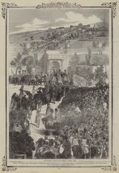 Processie van de Hertog van Sussex die de begraafplaats van Kensal Green binnengaat (gravure)