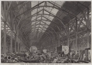 Voortgang van het International Exhibition Building, de westelijke bijlage voor machines