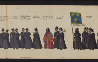 Begrafenisstoet van Koningin Elizabeth I (gekleurde gravure)