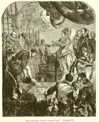 Koningin Elizabeth die Francis Drake tot ridder slaat