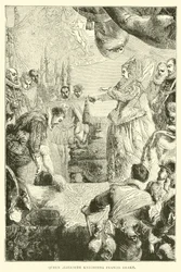 Koningin Elizabeth die Francis Drake tot ridder slaat