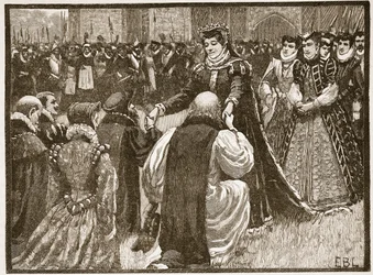 Koningin Mary en de staatsgevangenen in de Tower, illustratie uit Cassells Geïllustreerde Geschiedenis van Engeland
