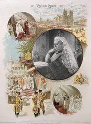 Koningin Victoria afgebeeld ten tijde van haar diamanten jubileum in 1897 samen met enkele van de belangrijkste gebeurtenissen in haar leven
