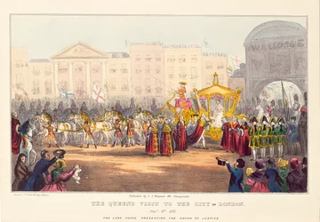 Koningin Victoria betreedt de Stad Londen bij Temple Bar, gegraveerd door G. Tregear, 1837