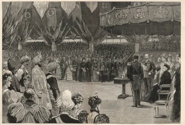 Koningin Victoria opent het Imperial Institute van het Verenigd Koninkrijk, de Koloniën en India in Londen, mei 1893.