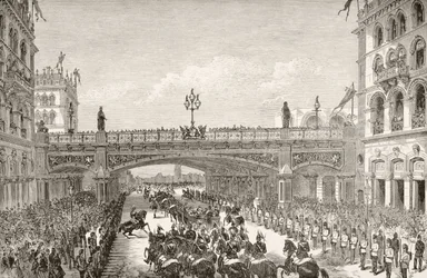 Koningin Victoria opent in 1869 het Holborn Viaduct, uit 