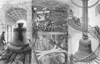 Het hijsen van de grote klok in de toren van de St. Paul