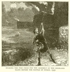 Het oprichten van het Vuurkruis voor de Vergadering van de Hooglandclans voor de Slag bij Pinkie, 1547