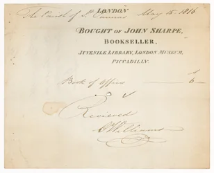 Ontvangstbewijs van John Sharpe, boekverkoper, Jeugdbibliotheek, London Museum, Piccadilly, Londen