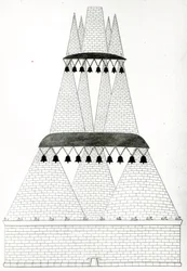 Reconstructie van het graf van Lars Porsenna in Clusium volgens de beschrijving in Plinius