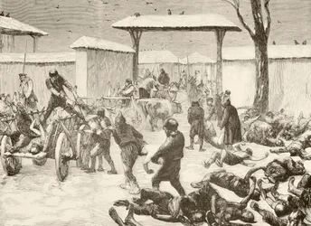 Het bergen van de doden na het beleg van Plevna, Bulgarije in 1877