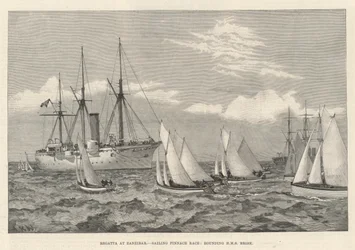 Regatta in Zanzibar, zeilwedstrijd van sloepen, rond HMS Brisk