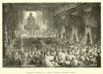 Religieuze ceremonie in een Chinese Lamasery, Boeddhistische tempel