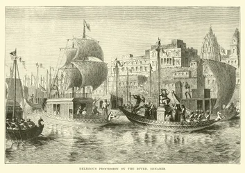 Religieuze processie op de rivier, Benares