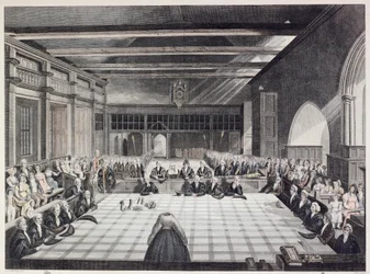 Weergave van de ceremonie van het presenteren van de sheriffs van Londen (gekleurde gravure)