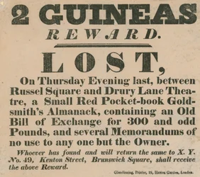 Beloningsbericht met aanbod van 2 guineas voor de terugkeer van een klein rood zakboekje