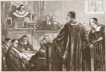 Richard Baxter voor rechter Jeffreys, illustratie uit De Geschiedenis van het Protestantisme door James Aitken Wylie, 1878