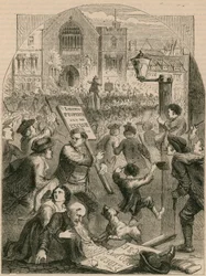 Oproerige bijeenkomst buiten het parlementsgebouw bij de introductie van het accijnsschema